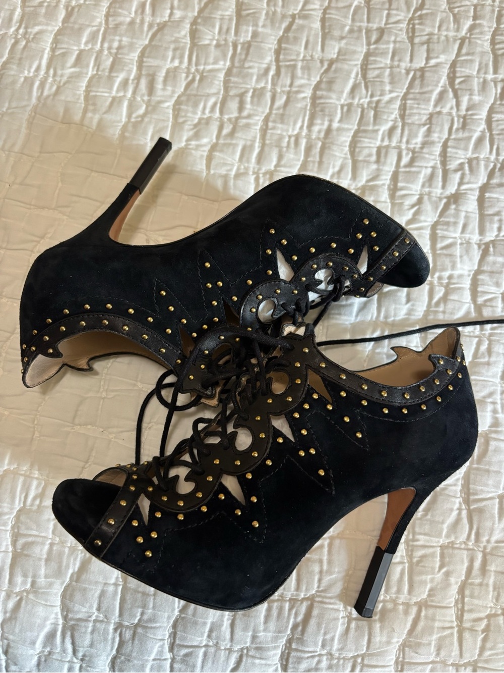 Pour La Victoire Black Suede Lace-Up Studded High Heel Booties Size: 7
